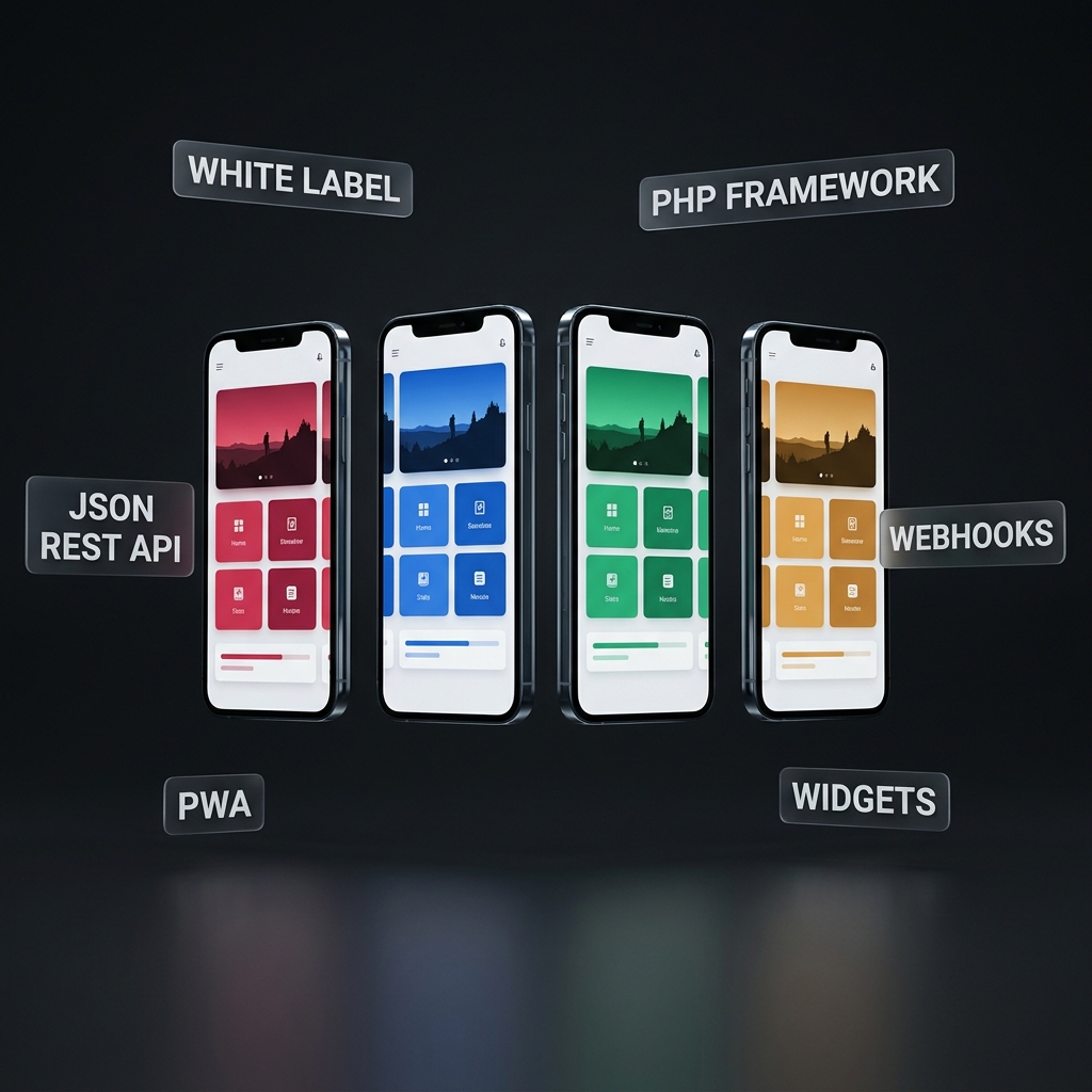 The same GMZBST platform re-skinned for four different brands: crimson, blue, green and amber